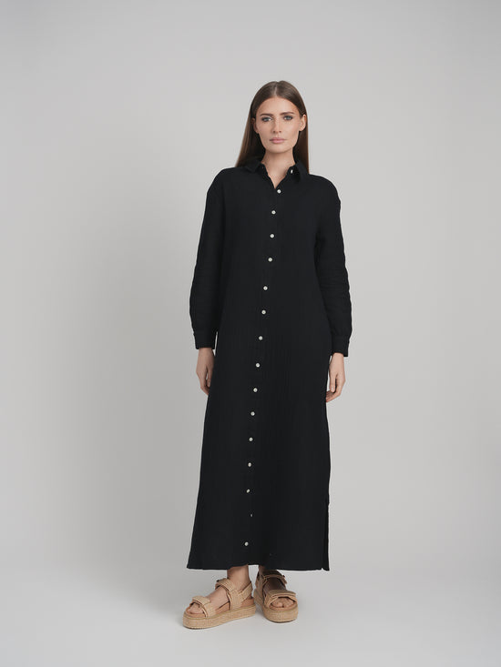 MAXI GAUZE SHIRT DRESS (BLACK)