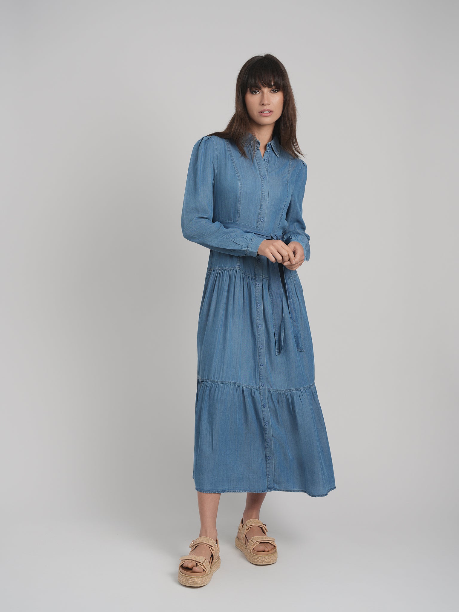 Maxi Tiered Denim Dress Denim / Xs Maxi Tiered Denim Dress Denim / Xs