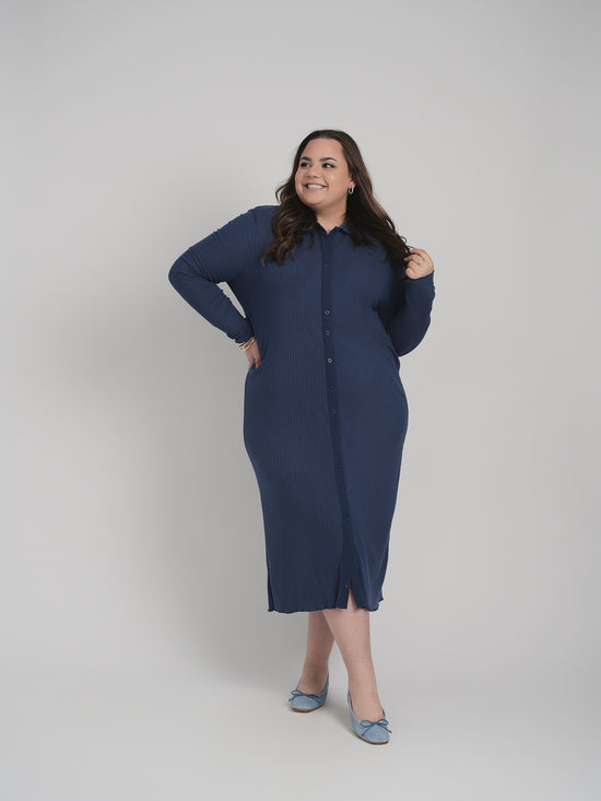 RIBBED BUTTON DOWN DRESS (NAVY)