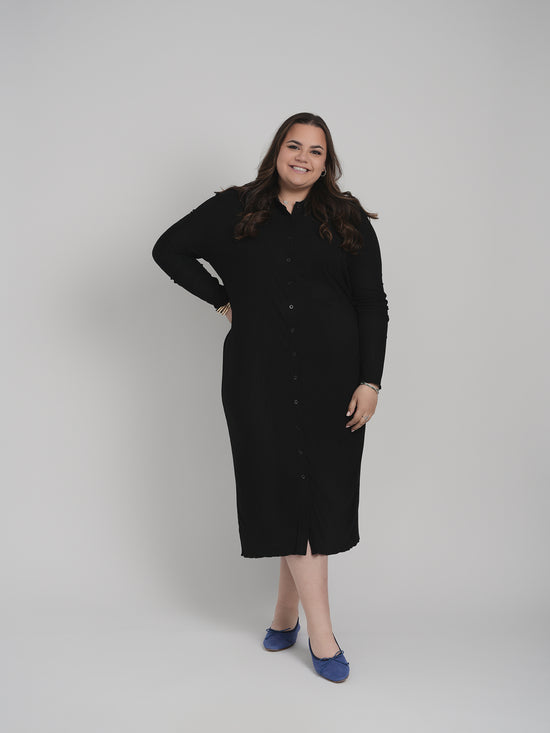 RIBBED BUTTON DOWN DRESS (BLACK)