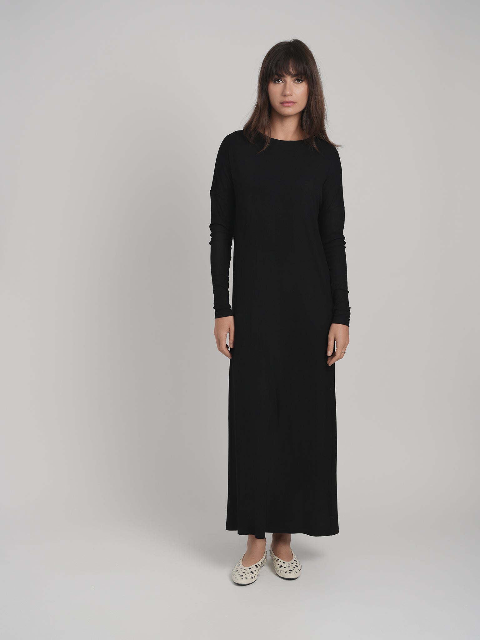 ribbed modal maxi dress in grey Knitted Grey Modal Dress with Long Vest, Elegant Set