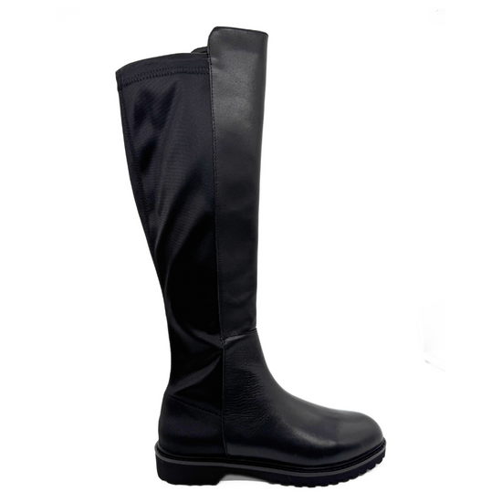 Susan Tall Lug Sole Boots (BLACK LEATHER/FABRIC)