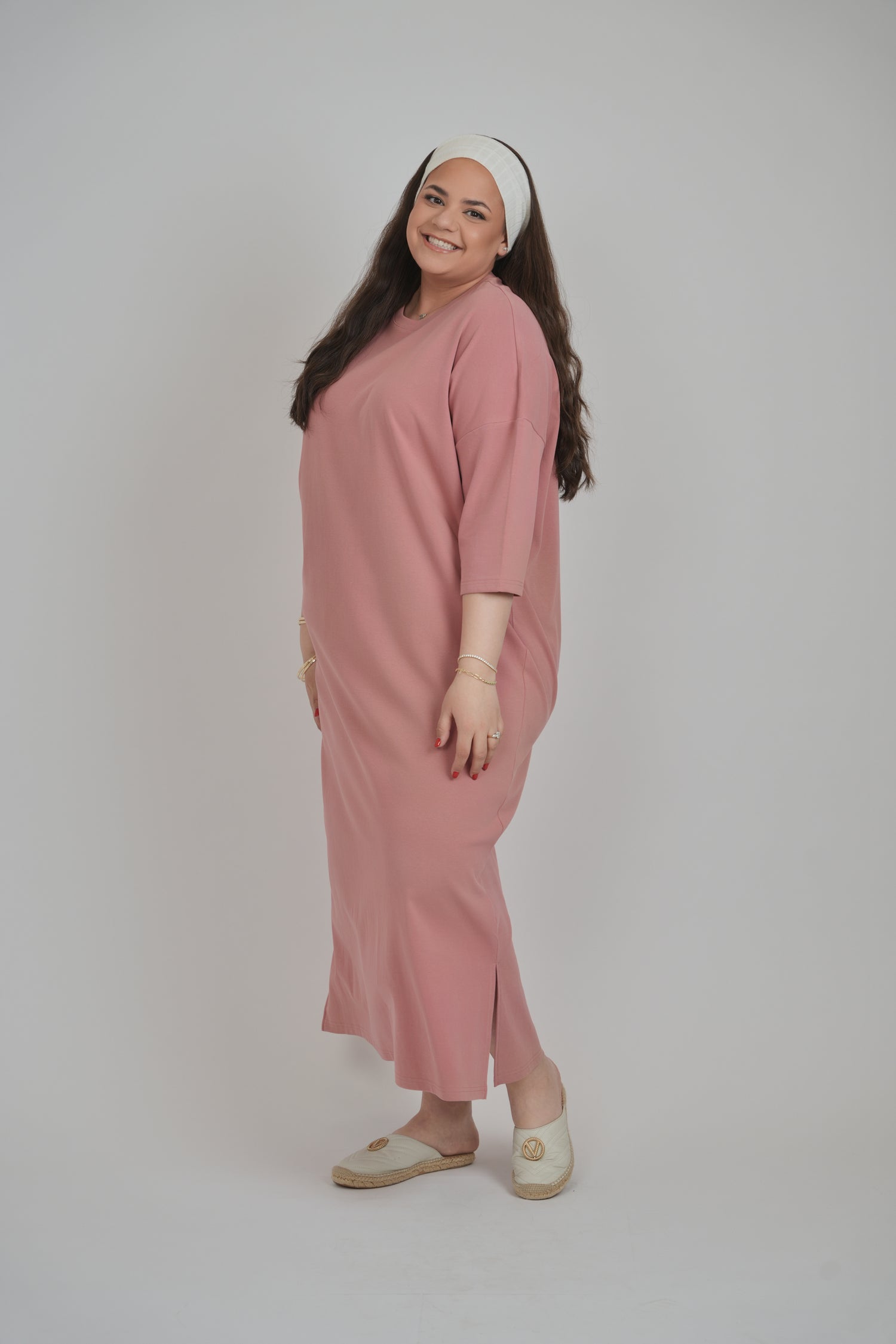 pink t shirt maxi dress Linen Three Quarter Sleeve Maxi Shirt Dress - Blossom Pink