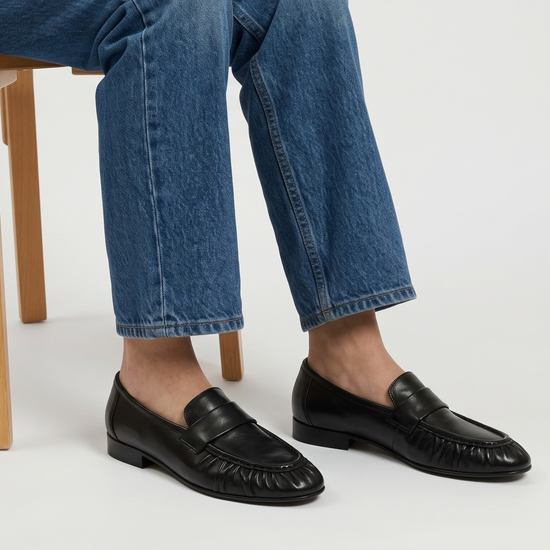 York Ruched Leather Loafers (BLACK LEATHER)