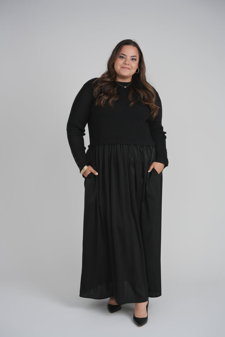 KNIT SATIN COMBO DRESS (BLACK) Black / M KNIT SATIN COMBO DRESS (BLACK) Black / M