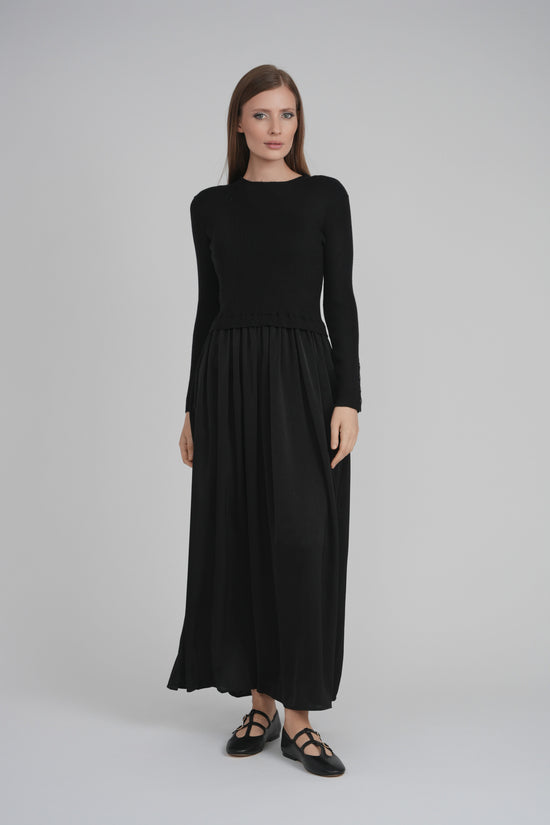 KNIT SATIN COMBO DRESS (BLACK)