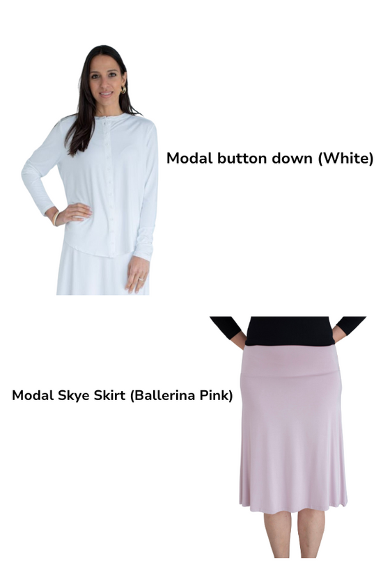 SKYE SKIRT (Ballerina pink) & MODAL BUTTON DOWN (white)