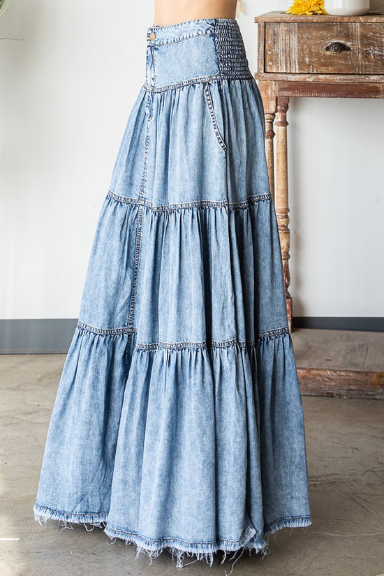 MINERAL WASHED DENIM TIERED SKIRT
